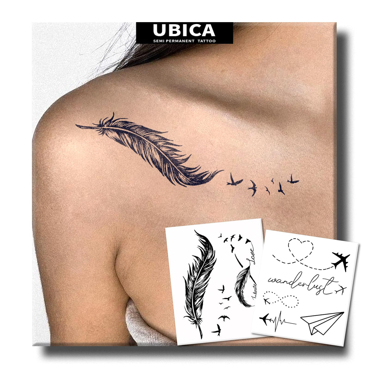 UBICA two-sheets tattoo pack with feather designs for stylish body art.