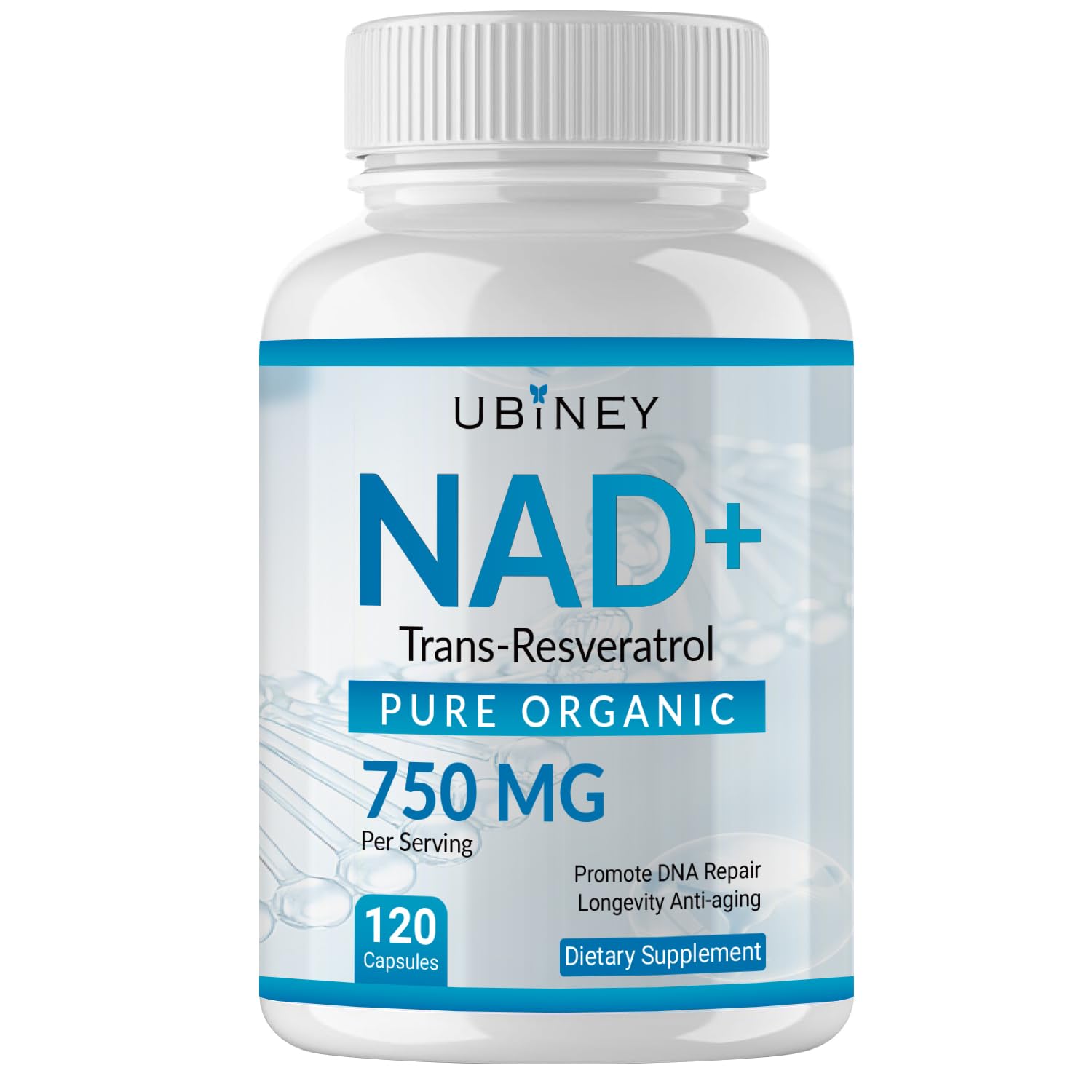 Front view of Ubiney NAD+ 750mg with Trans-Resveratrol bottle