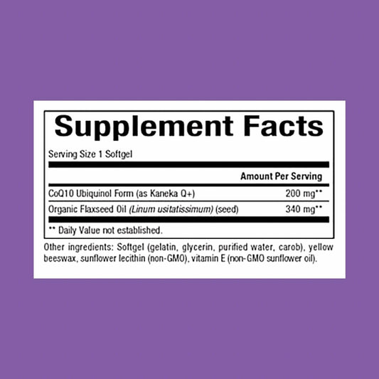 Close-up of Natural Factors ubiquinol 200 mg bottle label