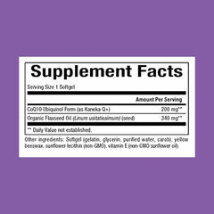 Close-up of Natural Factors ubiquinol 200 mg bottle label