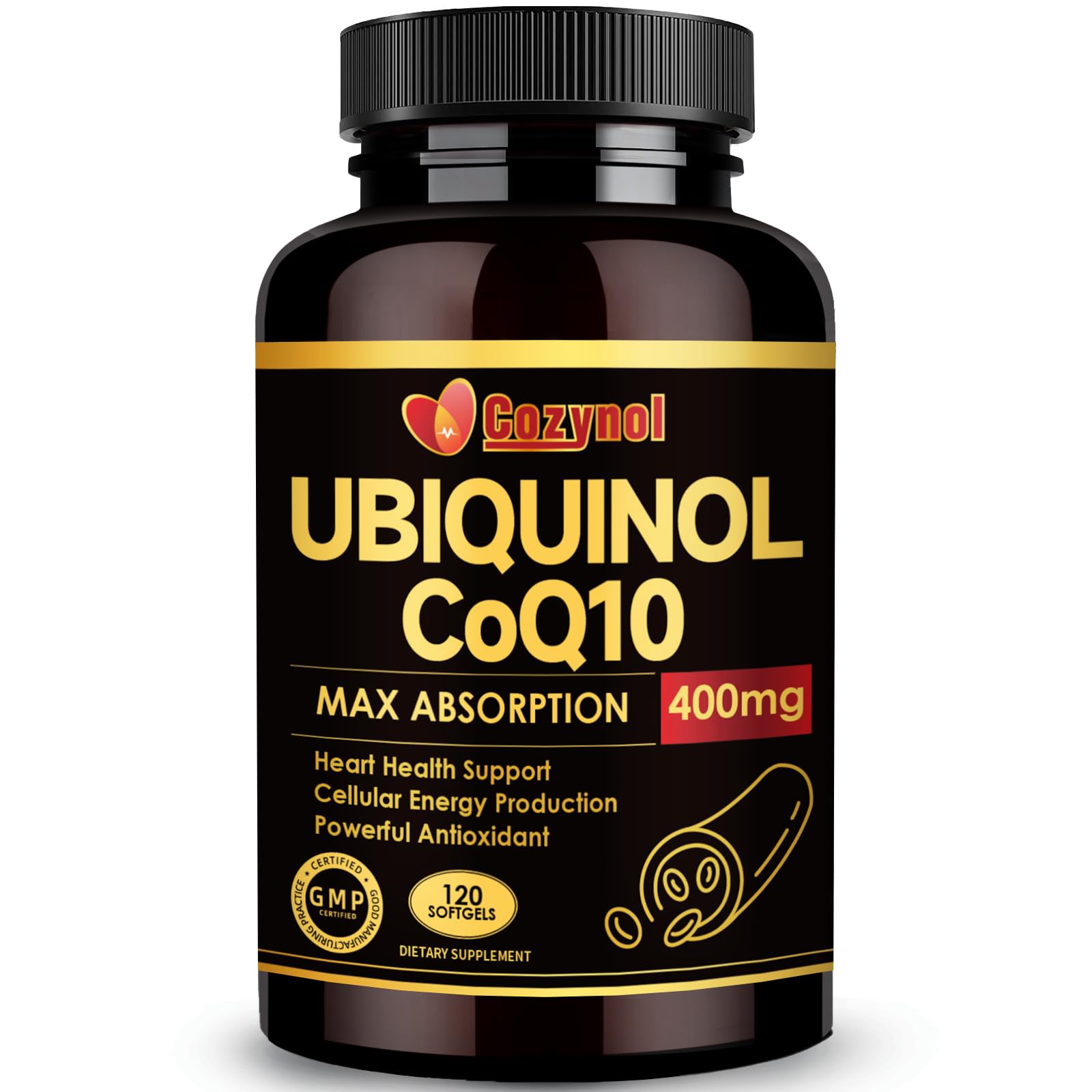 Front view of Ubiquinol CoQ10 400mg Softgels bottle with Vitamin E and Omega-3