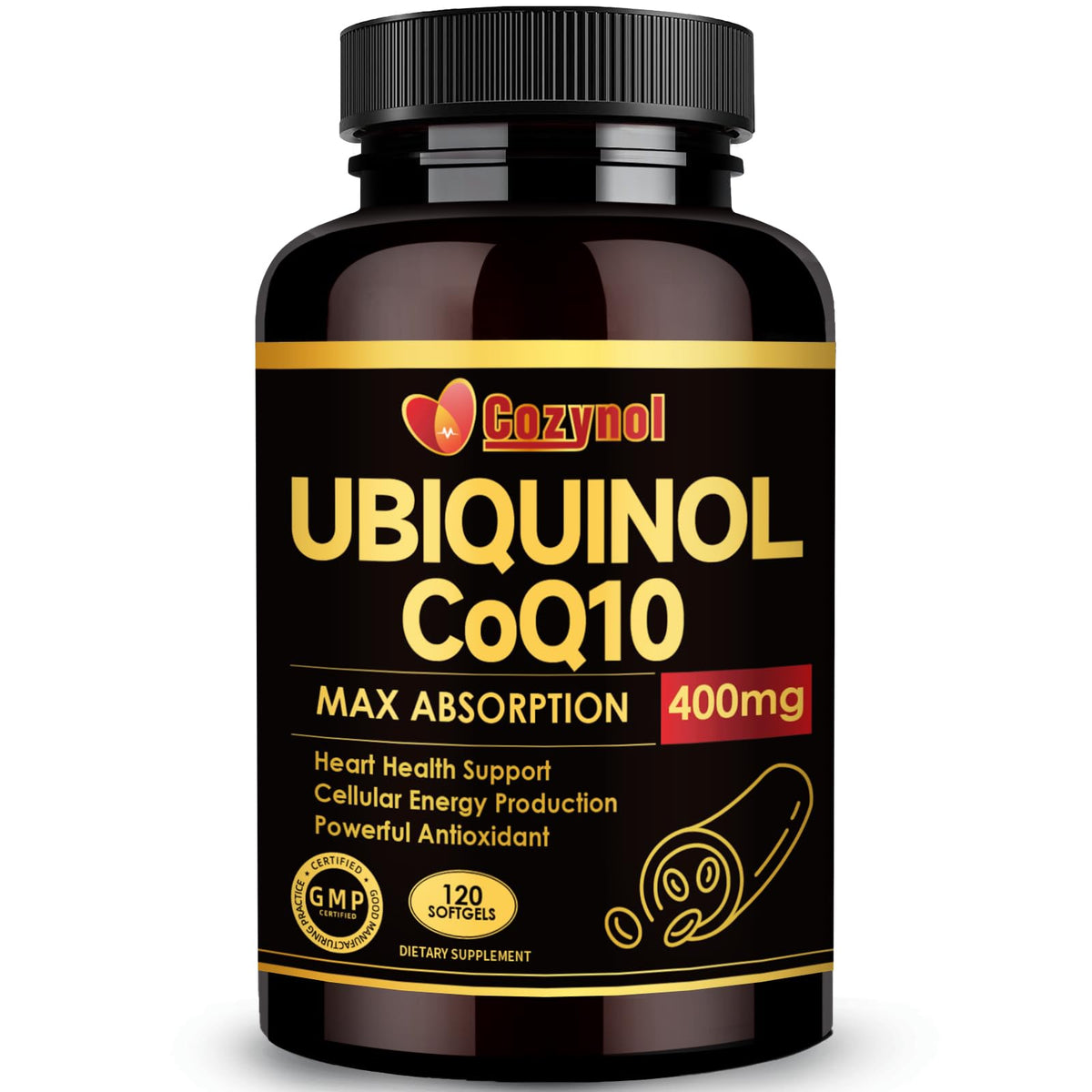 Front view of Ubiquinol CoQ10 400mg Softgels bottle with Vitamin E and Omega-3
