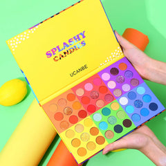 Shimmer shades from UCANBE Splashy Candies palette on smooth swatches reflect light.
