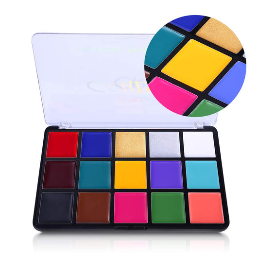 Creamy pigments blended on skin for vivid Halloween and cosplay designs.