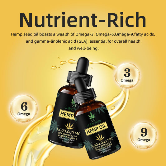 Organic hemp seed oil drops bottle close-up