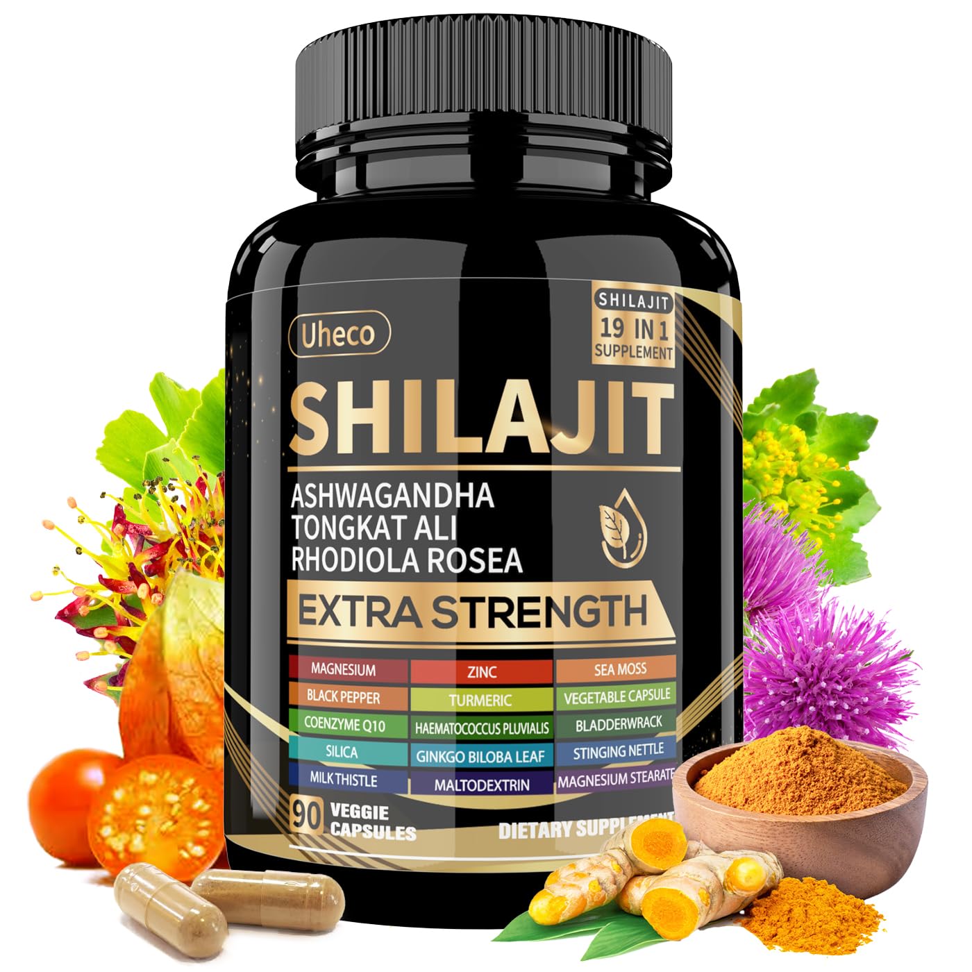 Uheco Shilajit bottle with Himalayan mountains in background