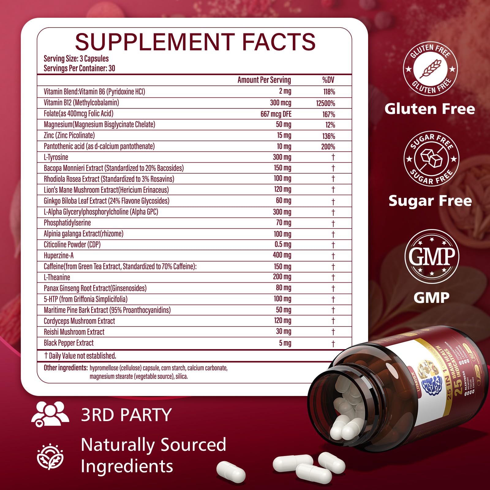 Close-up of key ingredients: Alpha GPC, L-Tyrosine, Bacopa, and Lion's Mane