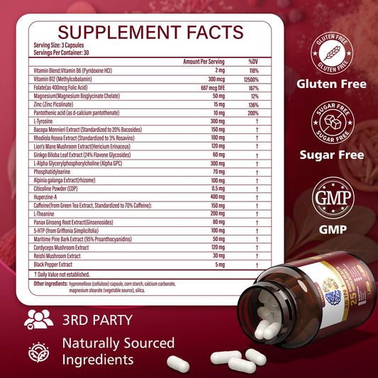 Close-up of key ingredients: Alpha GPC, L-Tyrosine, Bacopa, and Lion's Mane