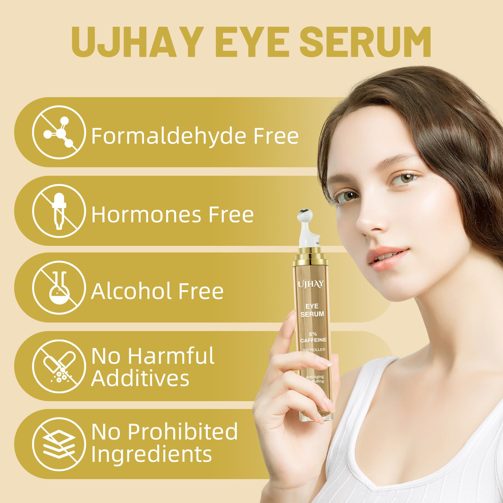 Plant ingredients highlight in UJHAY formula with retinyl palmitate and camellia leaf.