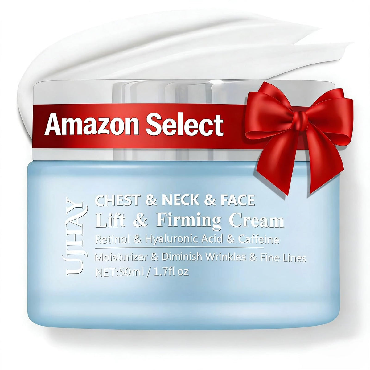 UJhay Retinol Neck Cream jar closeup showing premium packaging and nourishing texture.