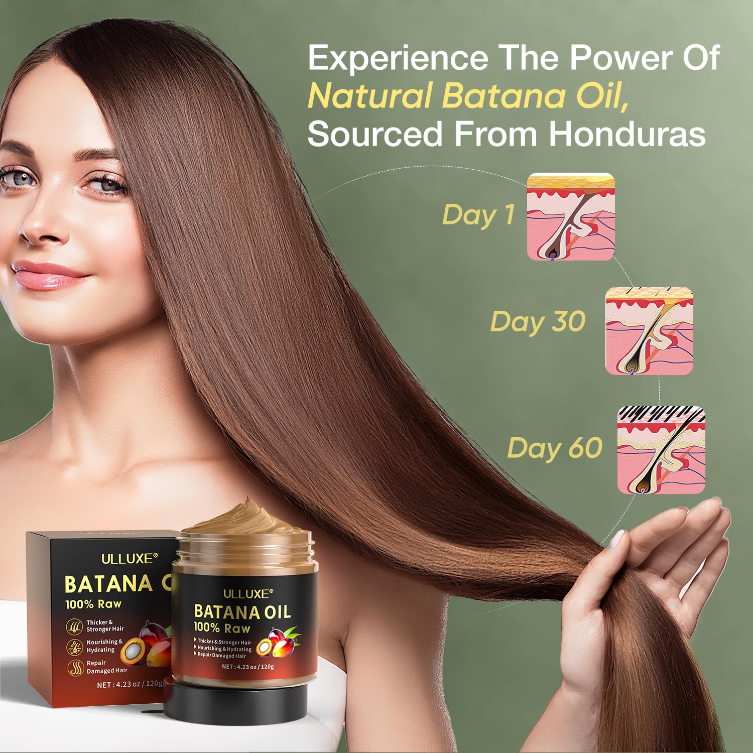 ulluxe Batana Oil on damp hair adds natural shine and moisture