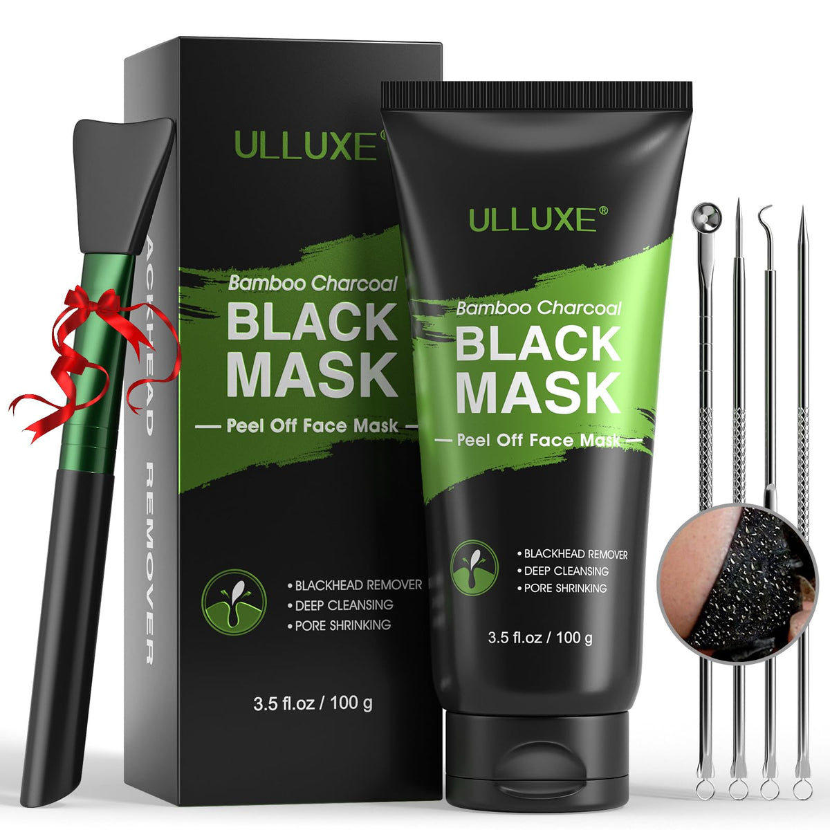 Masque charbon Ulluxe sur visage purifiant et absorbant l'excès de sébum.