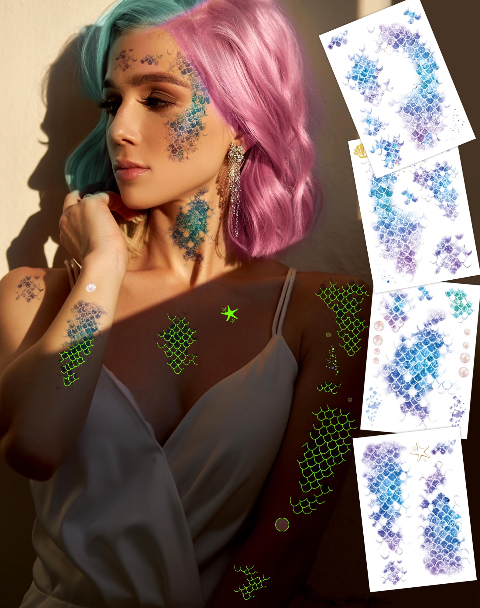 Ulmisfee mermaid-scale tattoos sheet 1 glows in the dark for Halloween fun