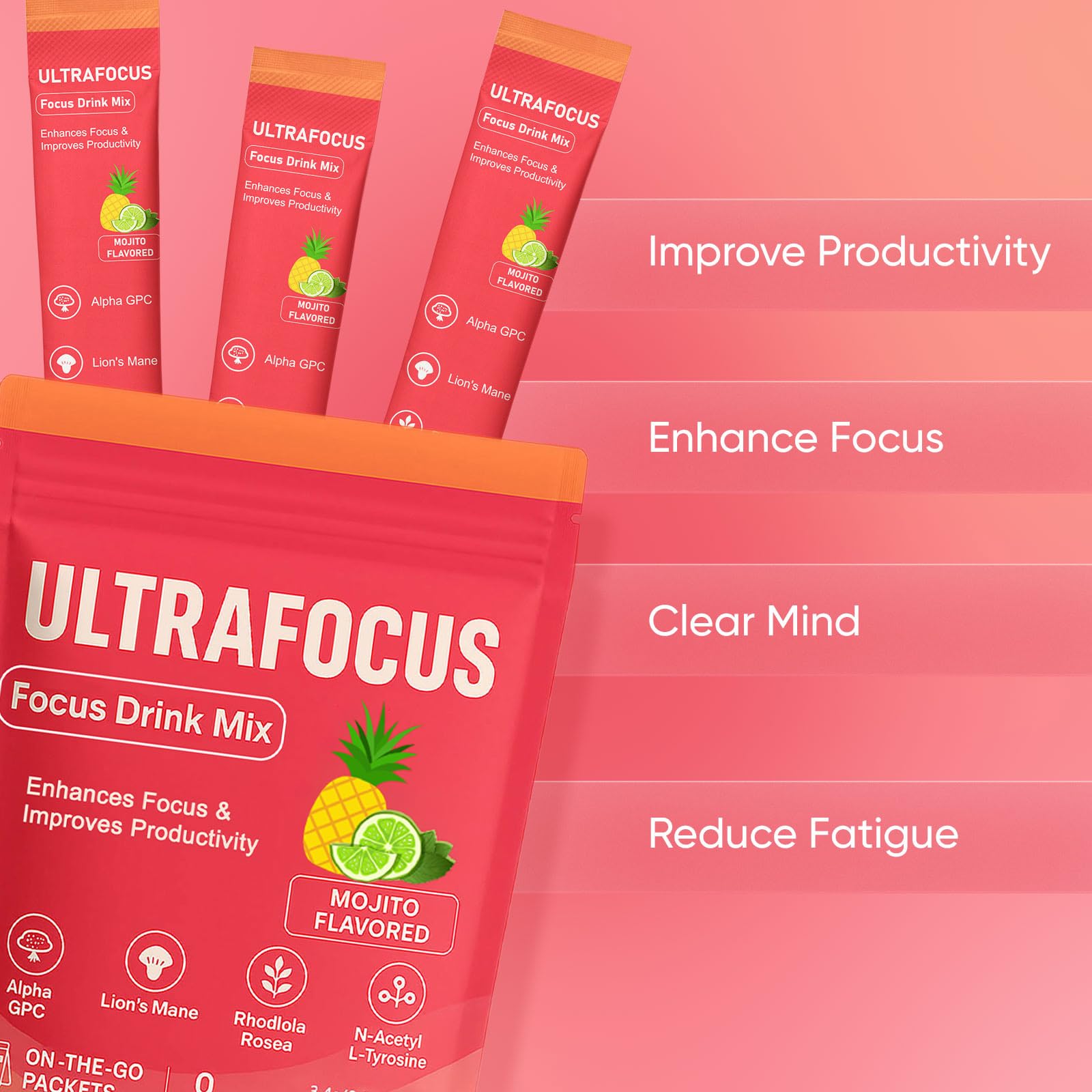 Ingredients include L-Tyrosine, Alpha-GPC, Lion's Mane and Rhodiola