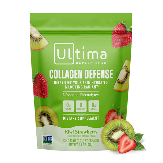 Stickpack of Ultima Replenisher Collagen Defense Electrolytes Kiwi Strawberry flavor