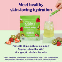 Hydration drink prepared with Ultima Collagen Defense Electrolytes Kiwi Strawberry