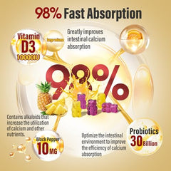 Graphic of absorption boosters including vitamin D3, vitamin K2, piperine, and probiotics