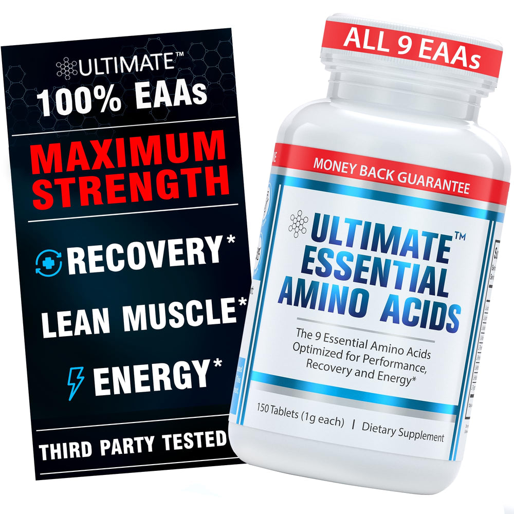 Ultimate EAA tablets bottle packshot for convenient keto and vegetarian use.