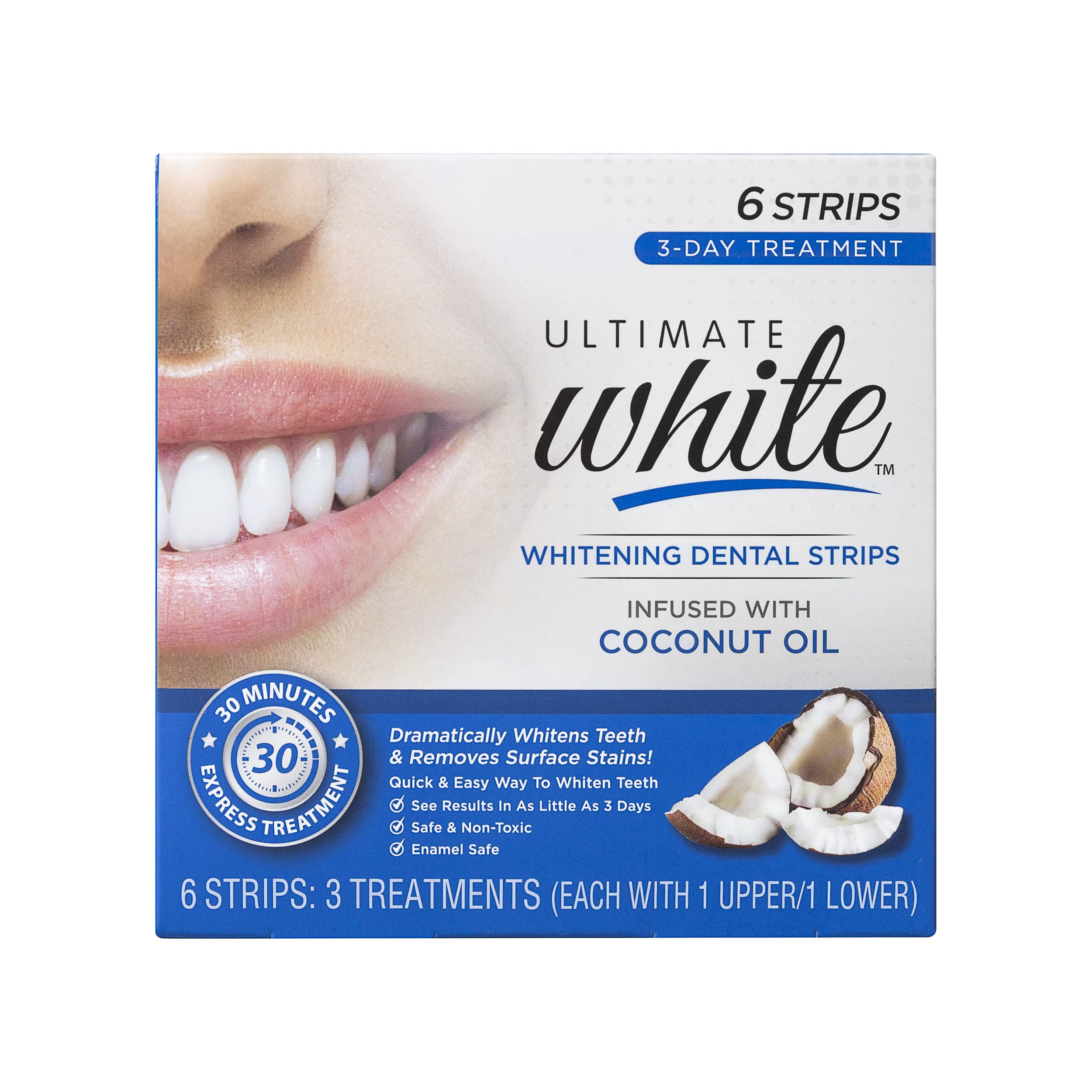 Ultimate White Teeth Whitening Strips 6-pack packaging and strips