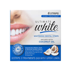 Ultimate White Teeth Whitening Strips 6-pack packaging and strips