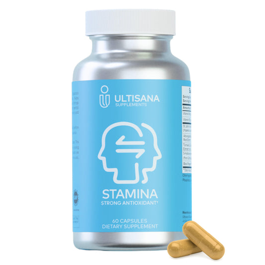 Ultisana Stamina bottle with capsules on a clean background