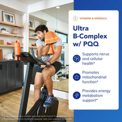 Supplement facts and ingredients including B vitamins, PQQ and alpha-lipoic acid