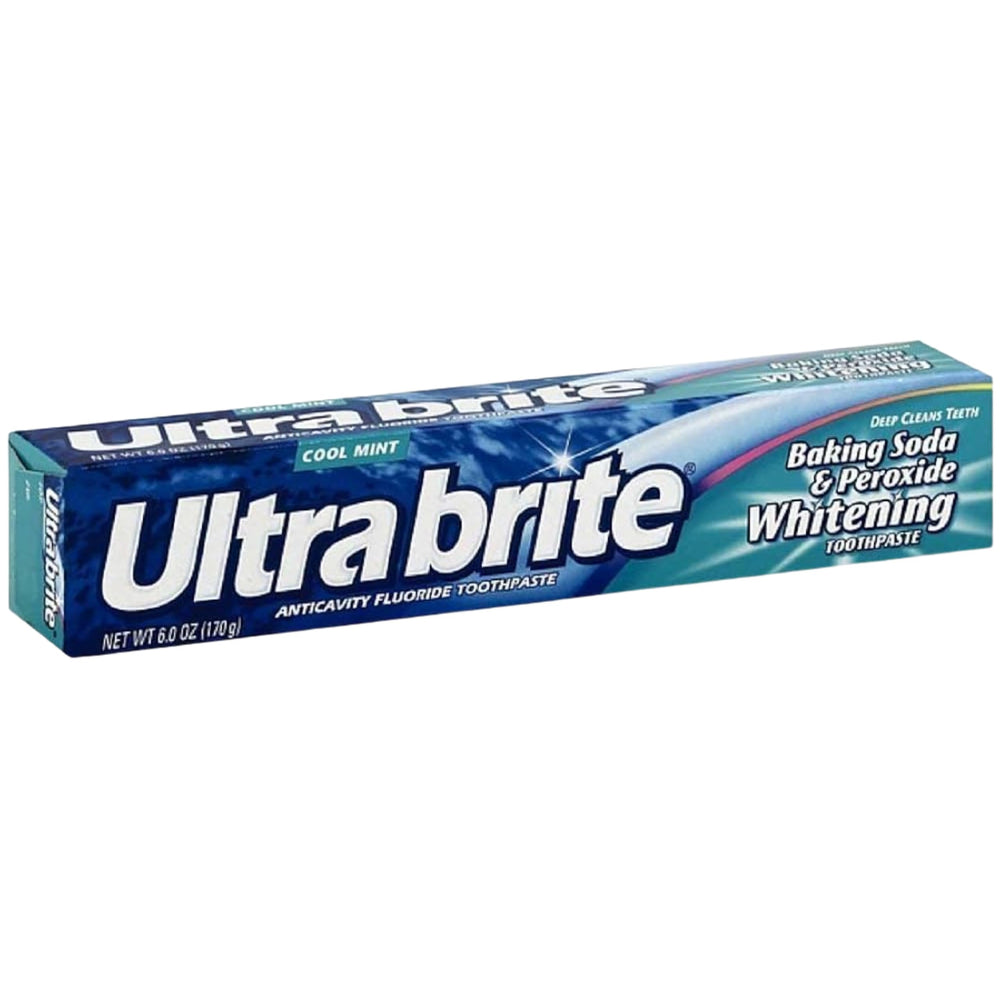 Close-up of Ultra Brite toothpaste tube showing whitening formula