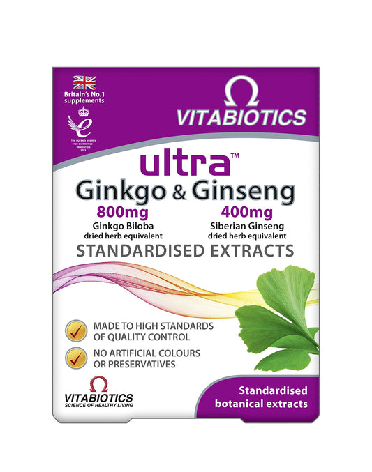 Bottle of Ultra Ginkgo and Ginseng Tablets with label