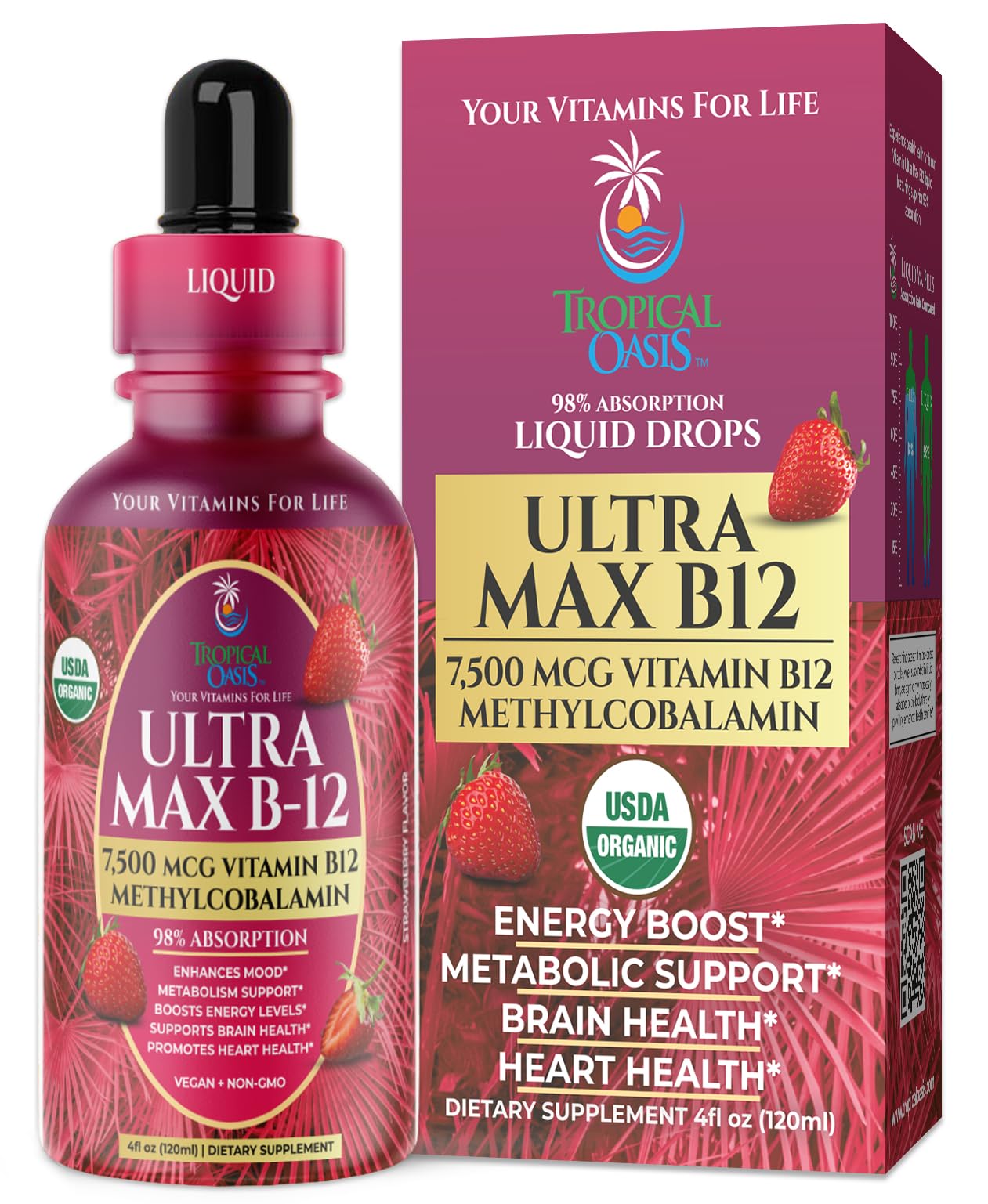 USDA Organic Ultra Max B12 bottle with strawberry flavor label