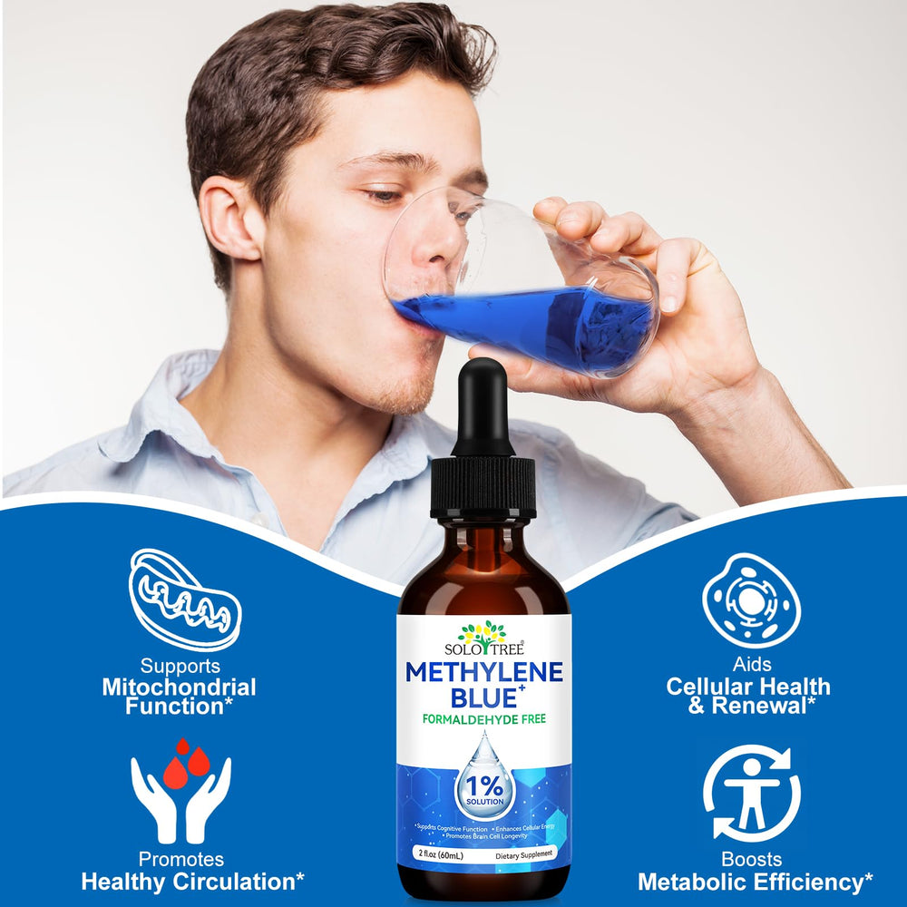 Close-up of Ultra Methylene Blue 1% Solution glass bottle