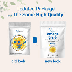 Label highlighting 3600mg omega-3-6-9 and EPA/DHA