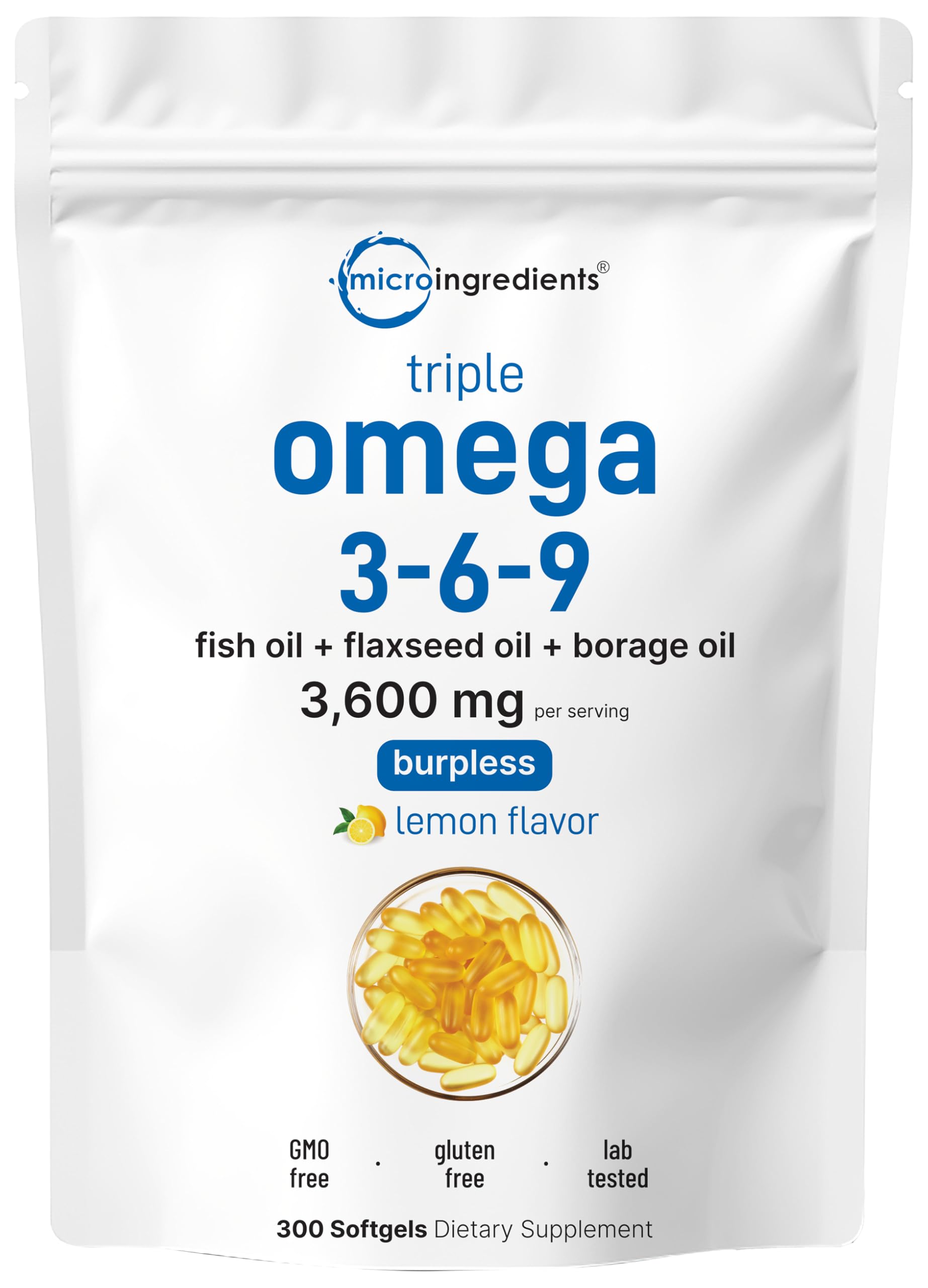 Front view of Ultra Omega 3-6-9 lemon softgels