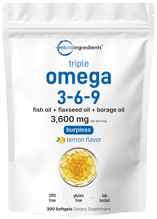 Front view of Ultra Omega 3-6-9 lemon softgels