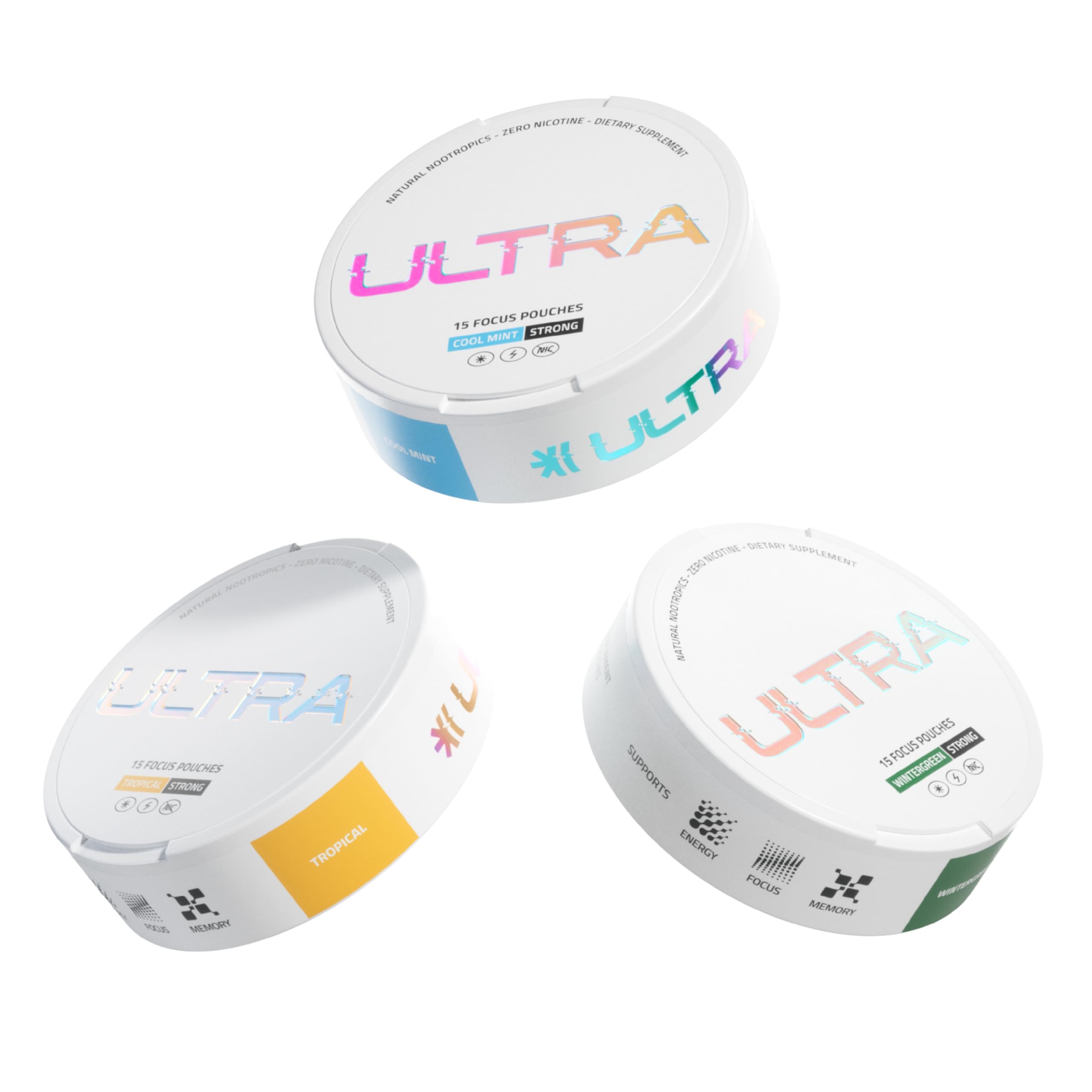 Ultra Pouches variety pack box showing three caffeine-free flavors for on-the-go focus