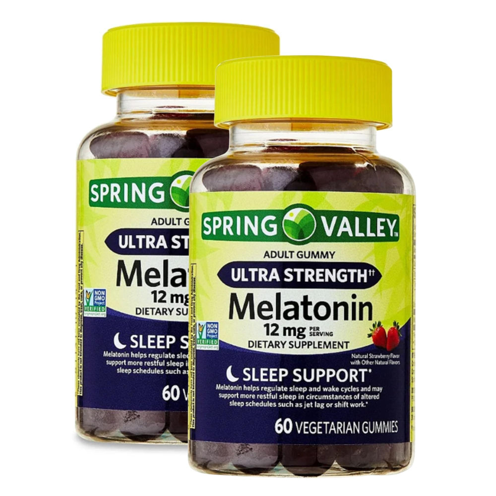 Bottle shot of Ultra Strength Melatonin 12mg Gummies – Strawberry flavor, 60 gummies per bottle (Pack of 2)