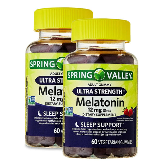 Bottle shot of Ultra Strength Melatonin 12mg Gummies – Strawberry flavor, 60 gummies per bottle (Pack of 2)