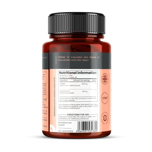 Close-up of a tablet showing 1200mg UltraColl Collagen and 300mg Hyaluronic Acid per tablet