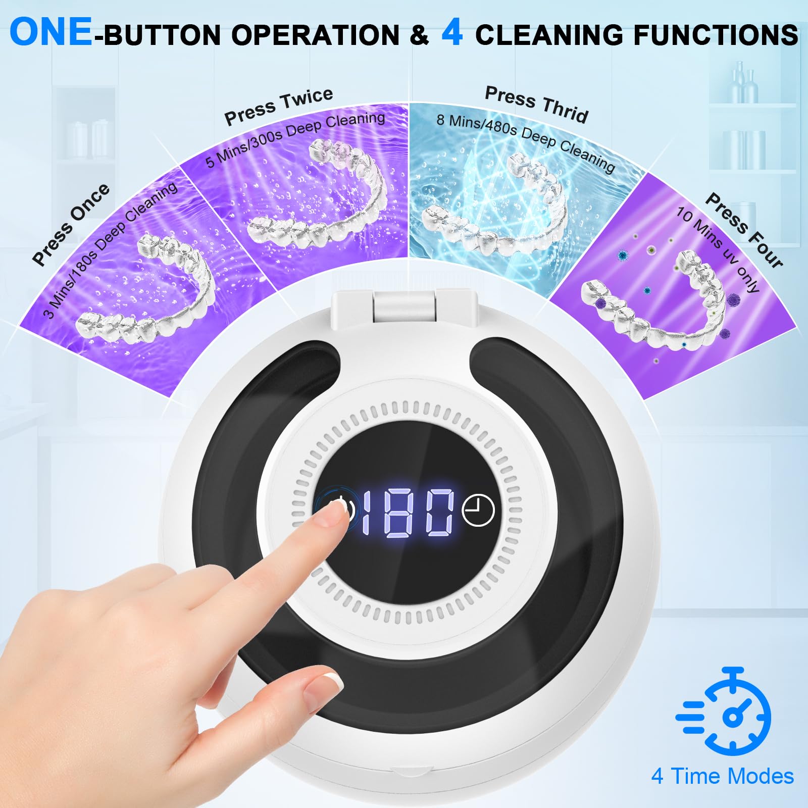 Device showing four cleaning modes: 180s, 300s, 480s and 600s