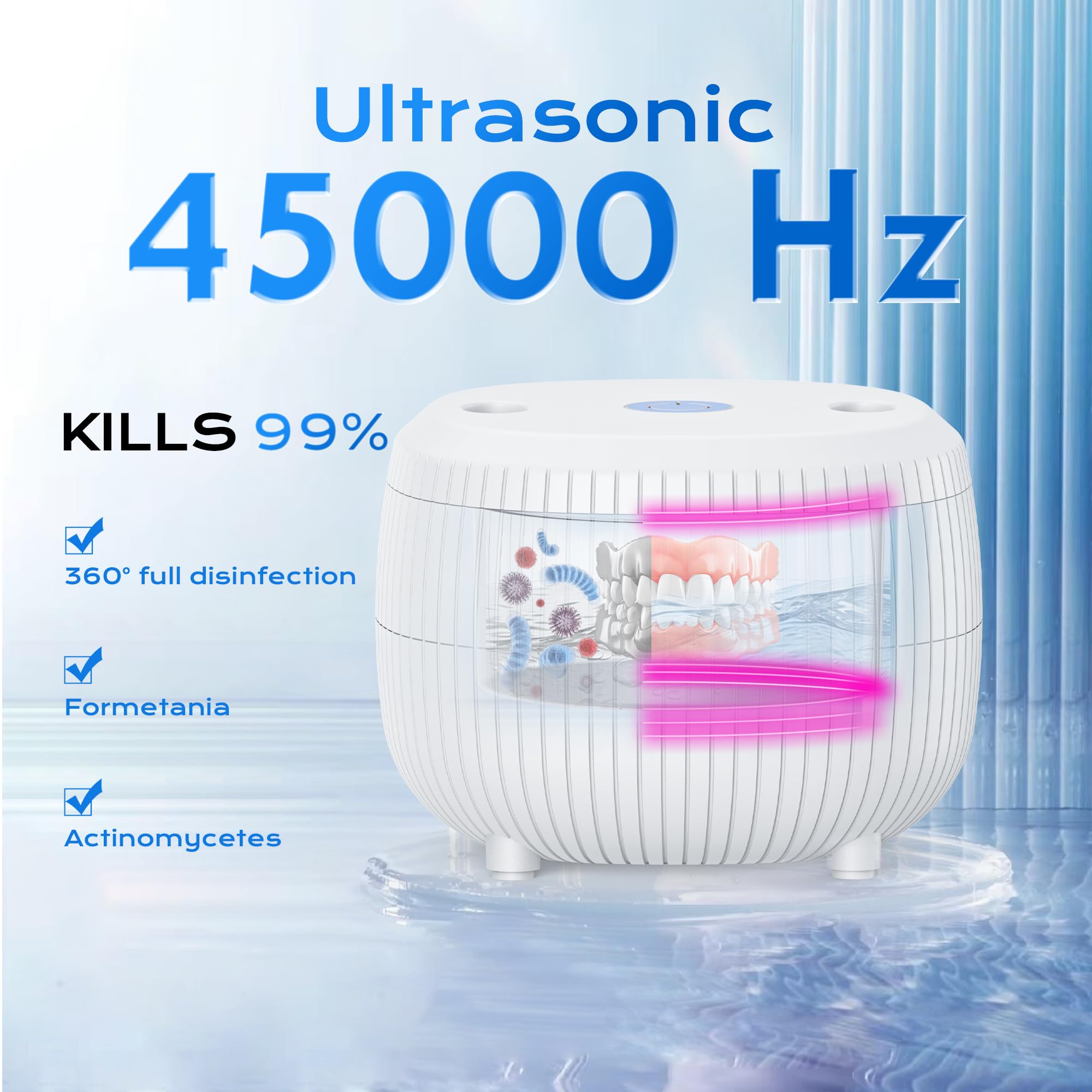 Ultrasonic cleaner with six UV lights for 360-degree cleaning