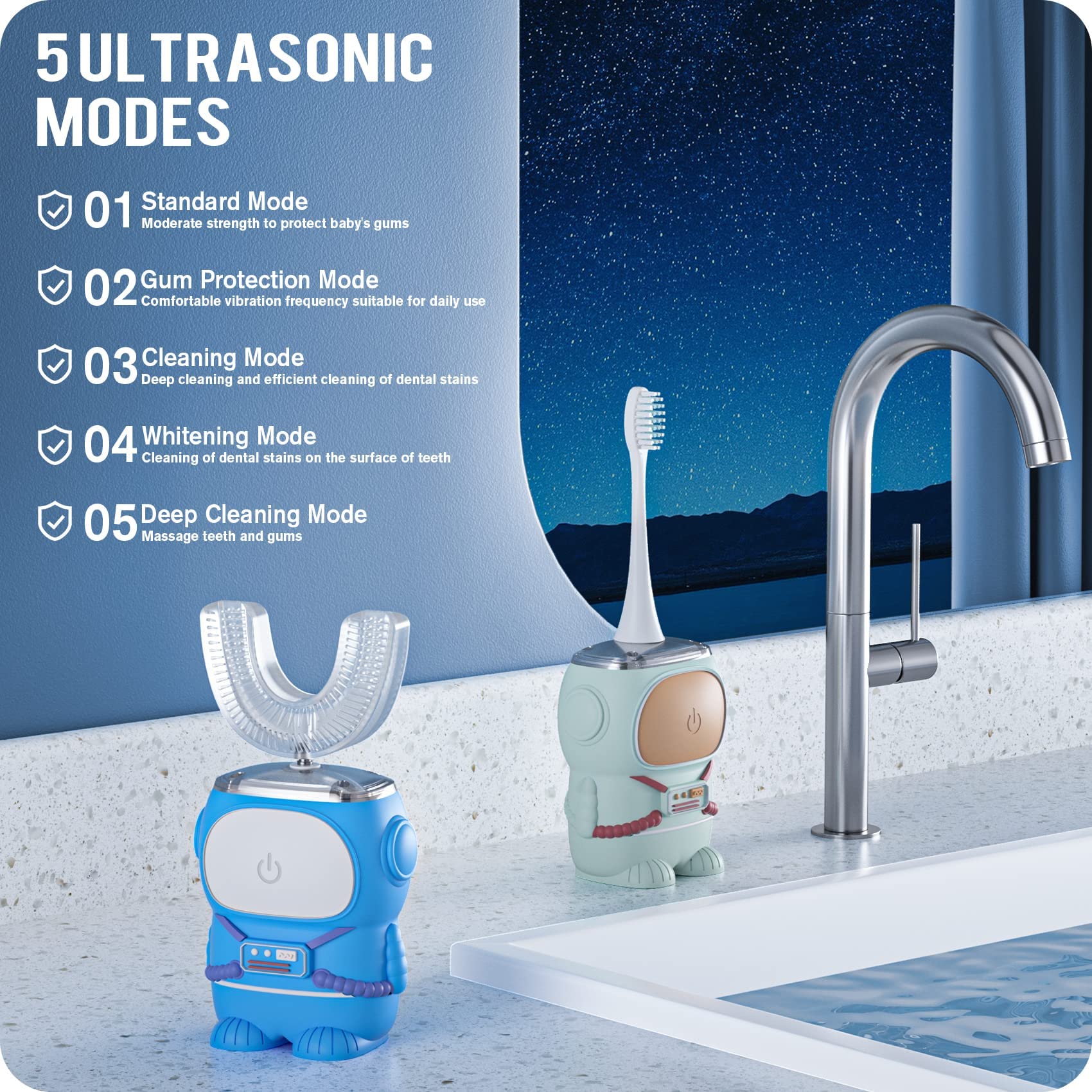 Toothbrush displaying five cleaning modes