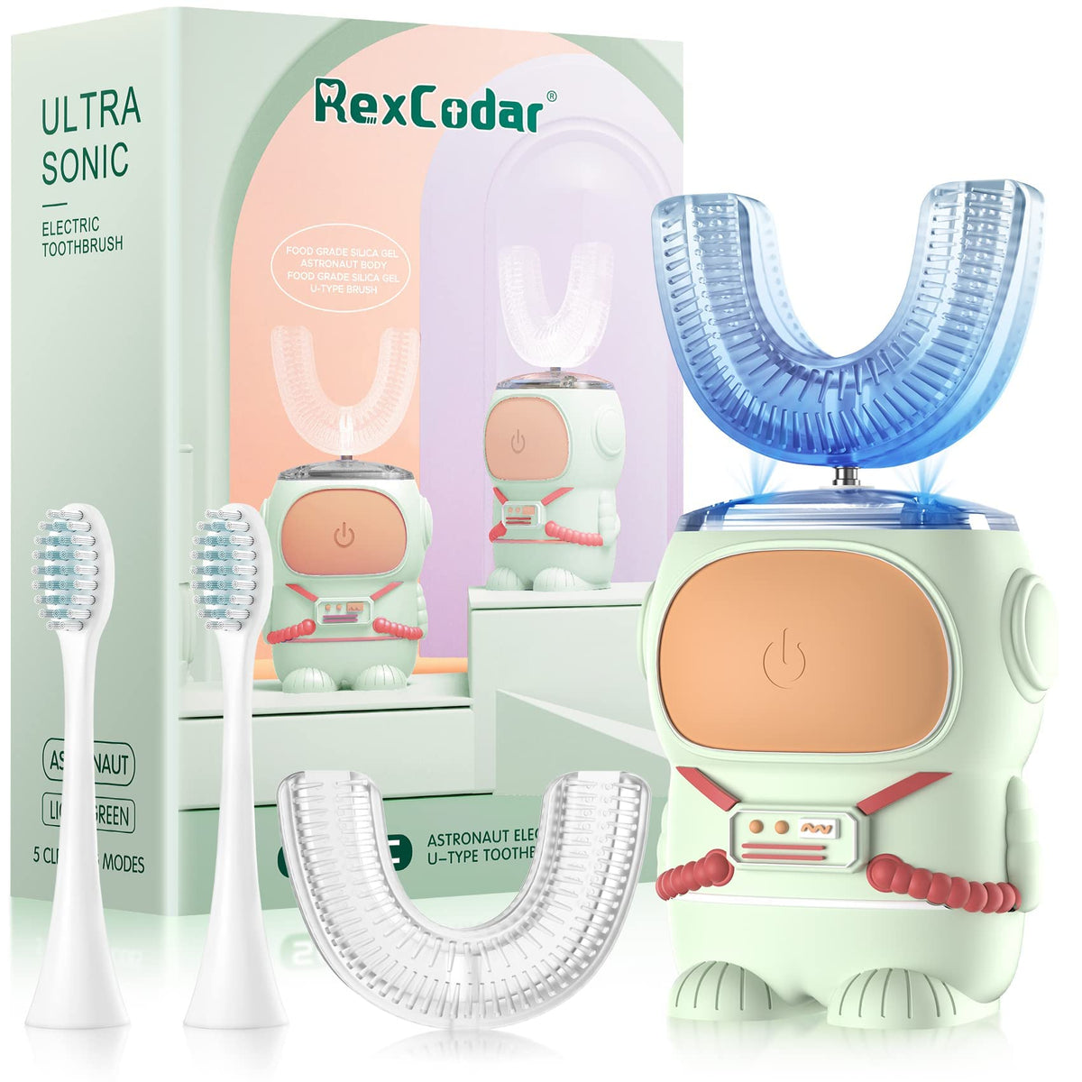 Front view of Ultrasonic Kid's U-shaped Toothbrush with green astronaut design