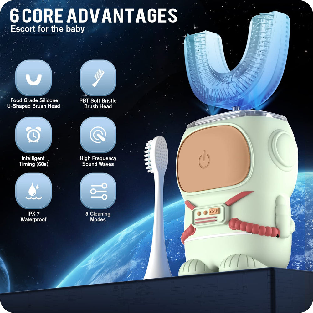 Side view of Ultrasonic Kid's U-shaped Toothbrush in green