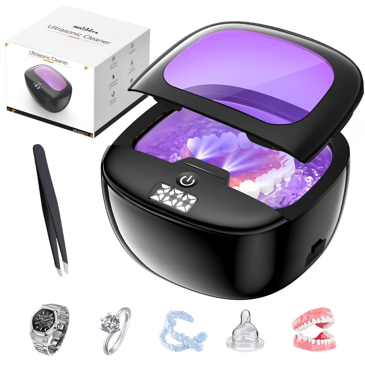 Front view of BEKOMIYA Ultrasonic Retainer Cleaner with 150ML reservoir