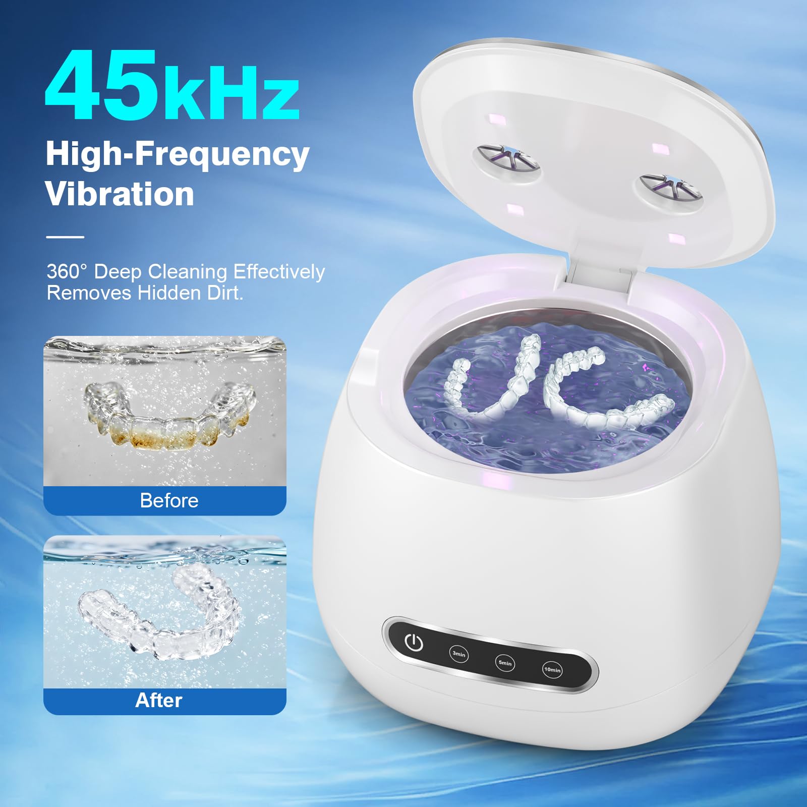 Device showing 4 UV lamps and ultrasonic cleaning feature
