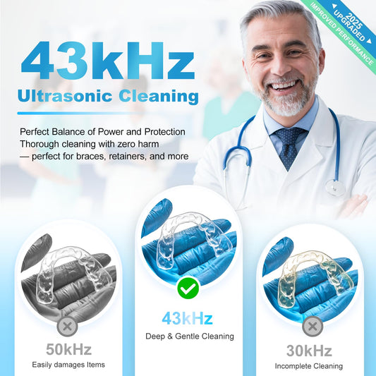 Close-up of 43kHz ultrasonic cleaning action on dentures