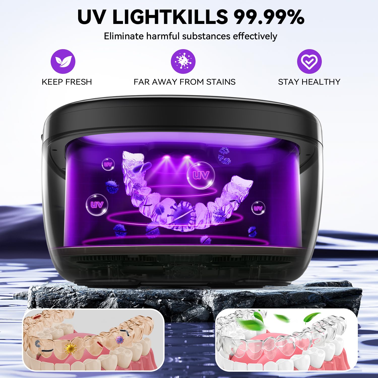 Compact travel-friendly denture cleaner on a kitchen counter