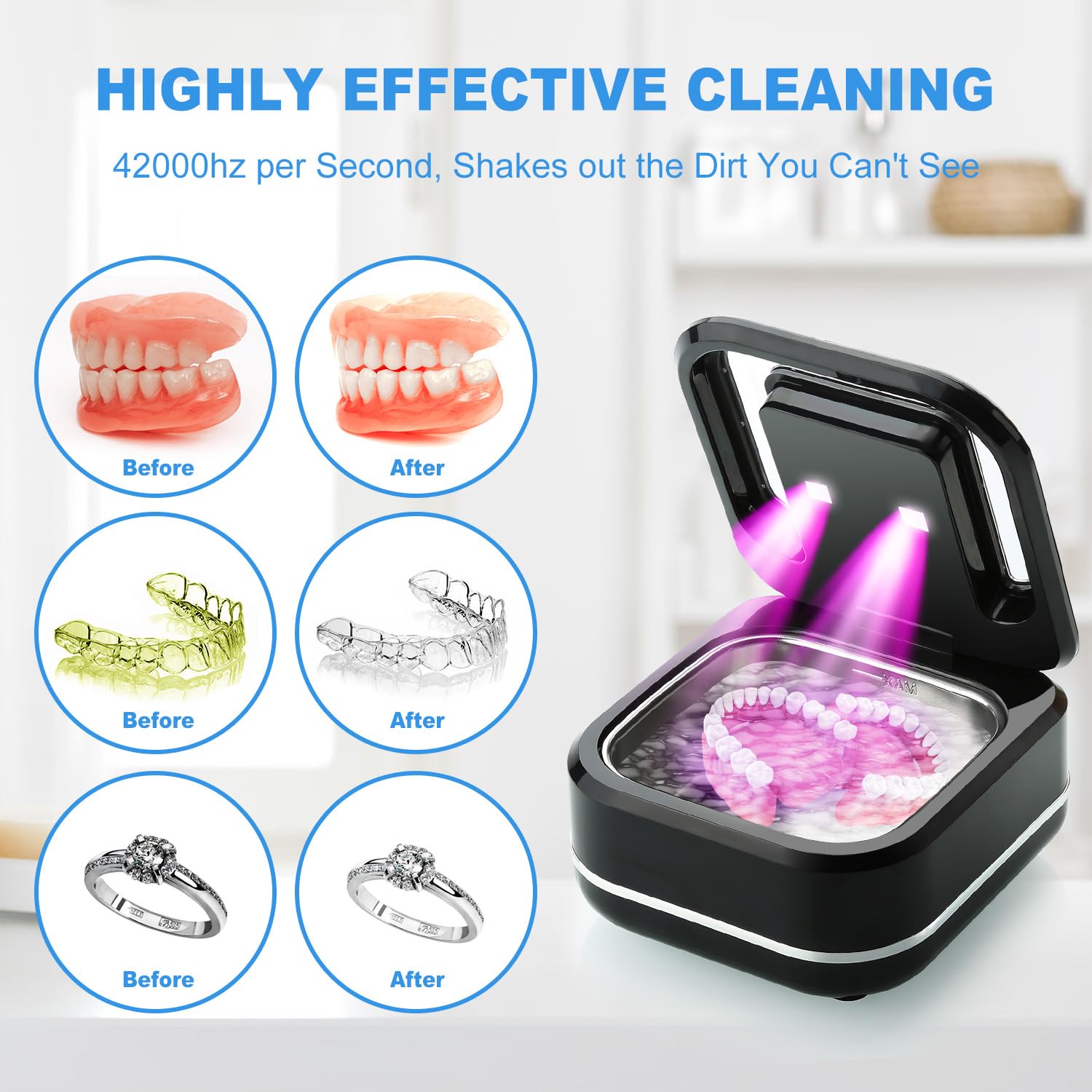 Dentures and retainers soaking in cleaning solution in the basin
