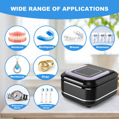 Jewelry such as rings and necklaces being cleaned by the ultrasonic cleaner