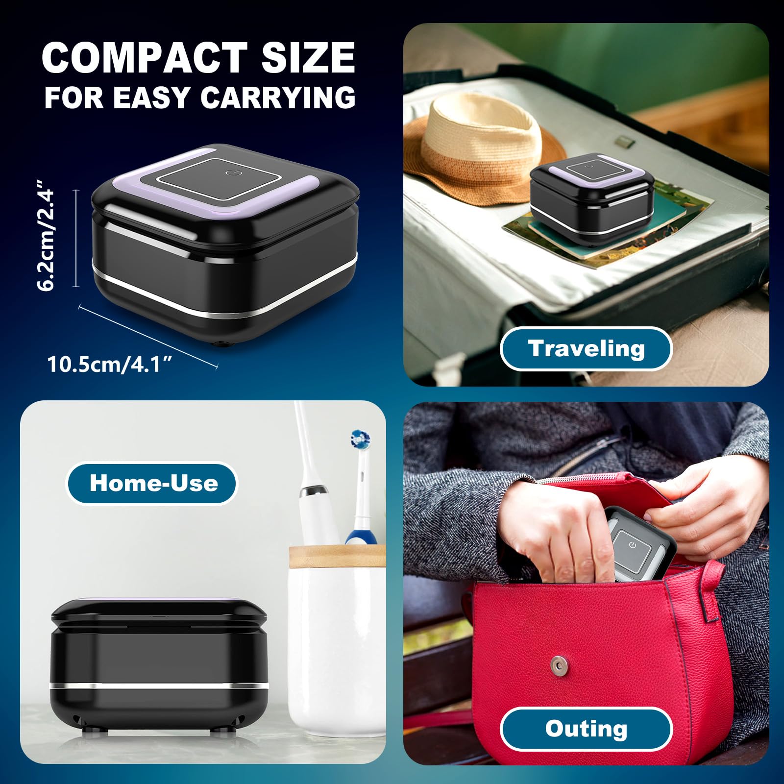 Compact travel-friendly denture cleaner on a table
