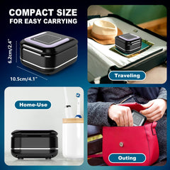 Compact travel-friendly denture cleaner on a table